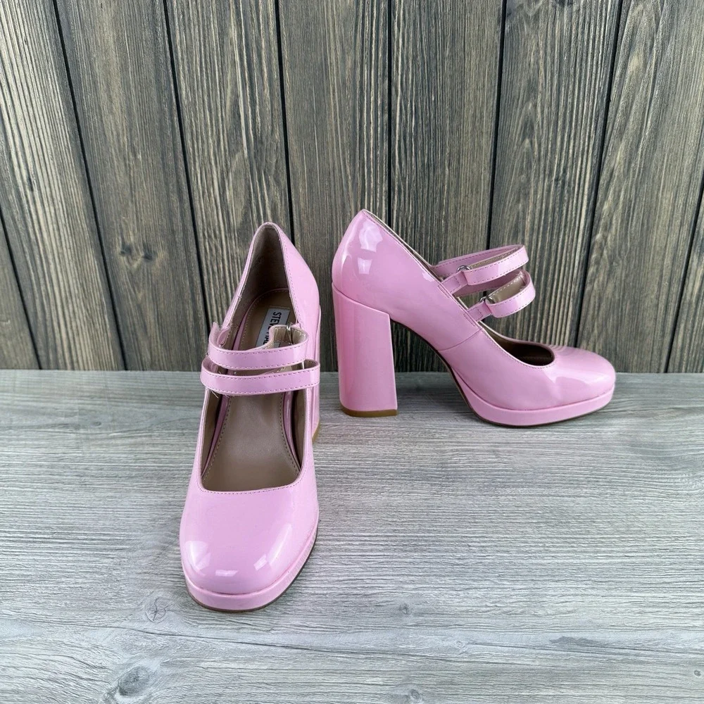 Steve Madden Womens 7.5 Pink Patent Mary Jane Platform Block Heel Pumps